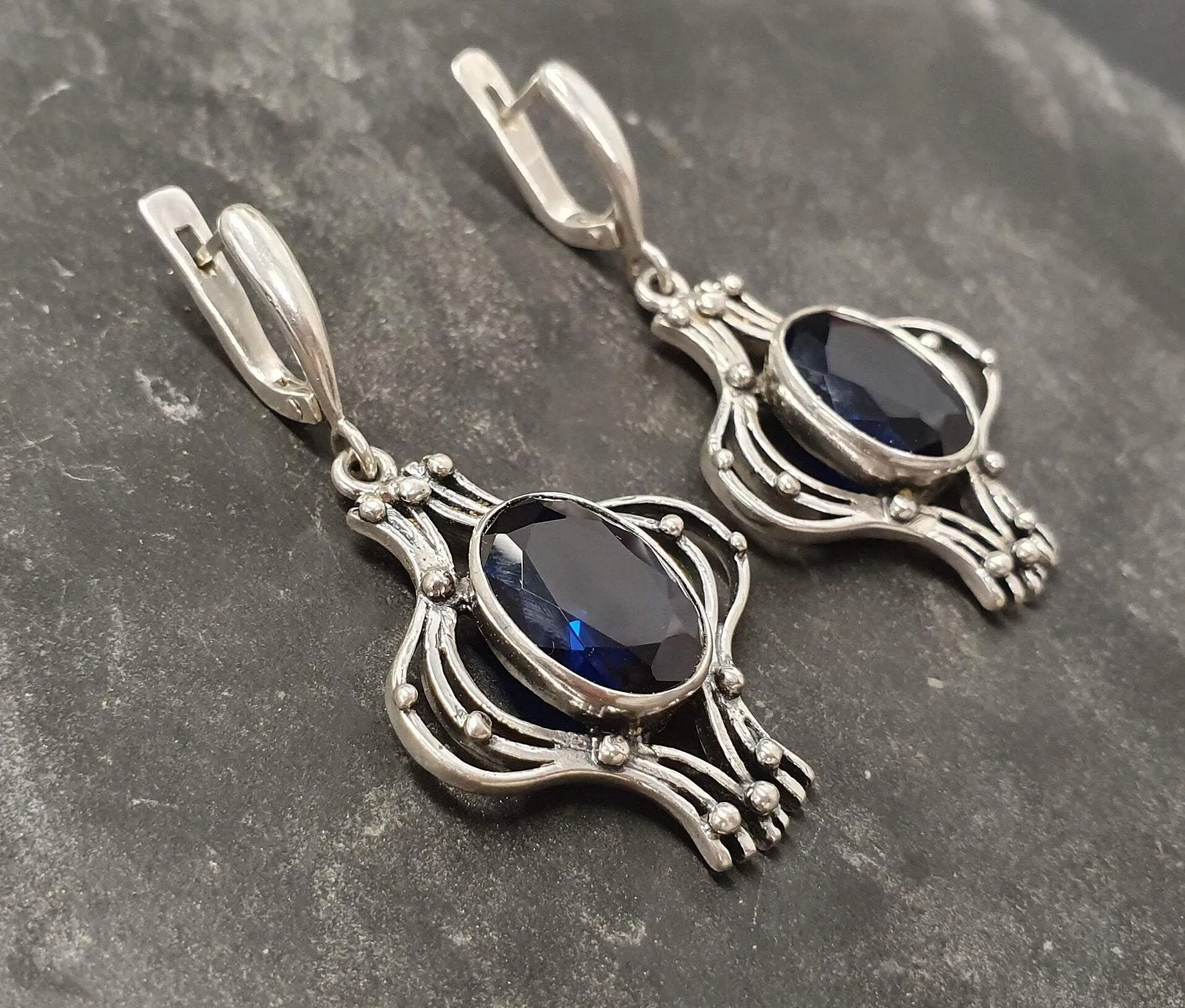 Statement Sapphire Earrings - Blue Dangling Earrings - Vintage Heavy Earrings