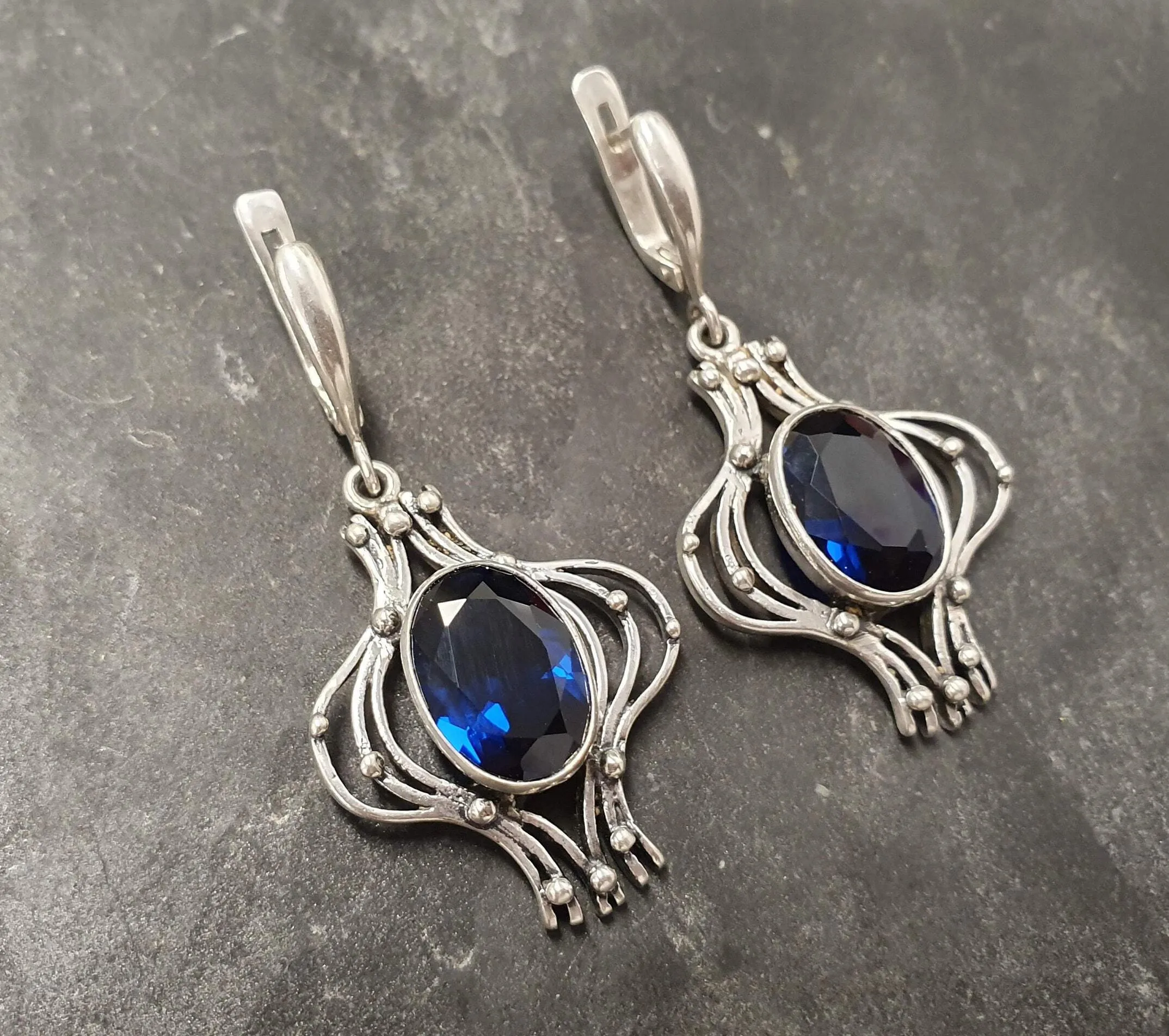 Statement Sapphire Earrings - Blue Dangling Earrings - Vintage Heavy Earrings