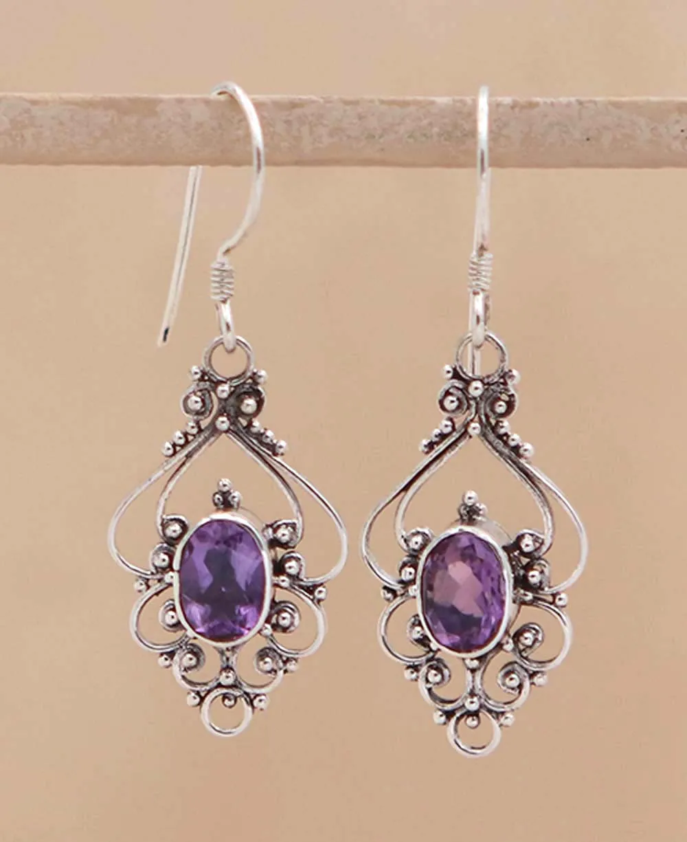 Sterling Silver Amethyst Scroll Earrings