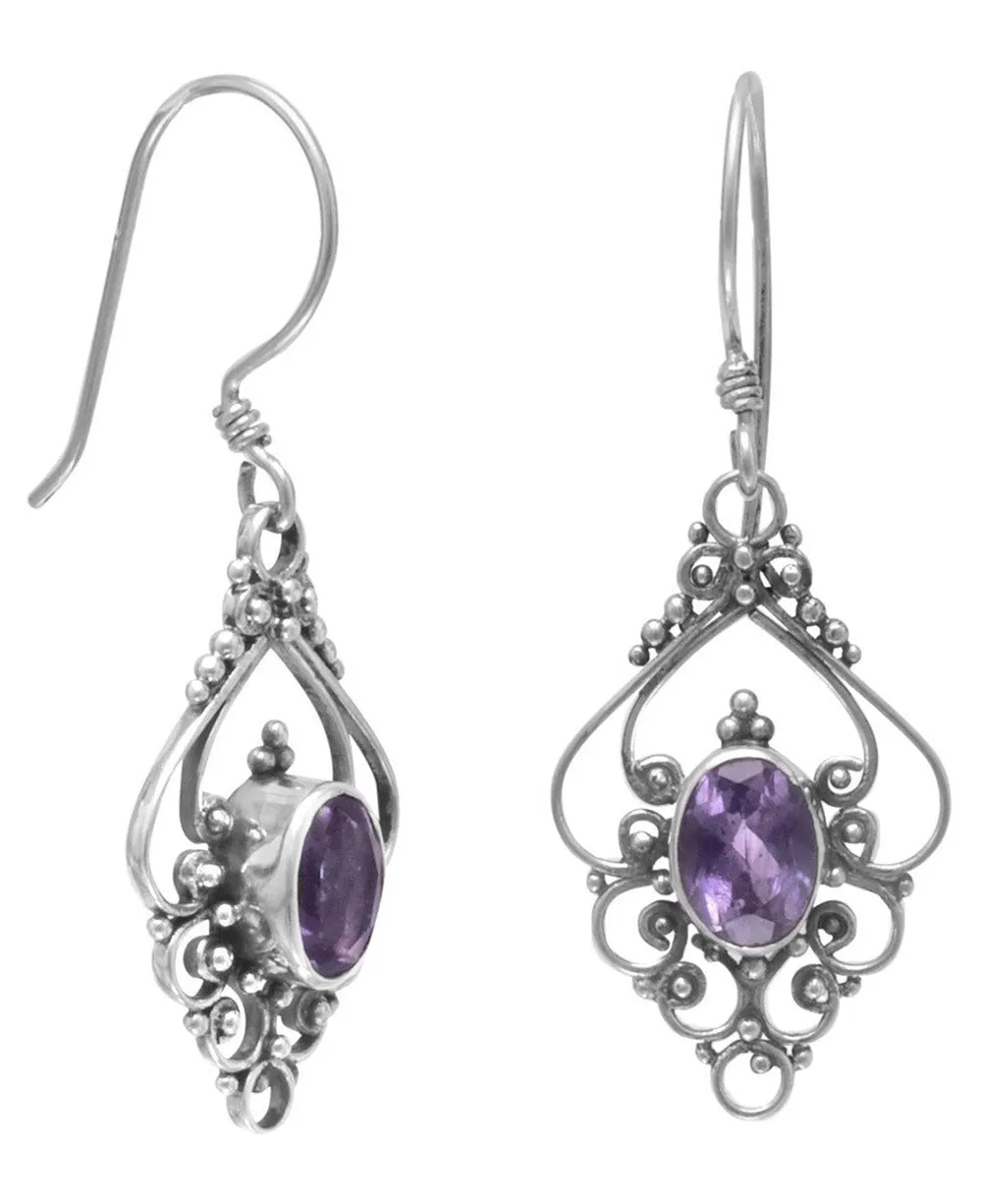 Sterling Silver Amethyst Scroll Earrings