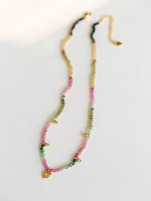 Sterling Silver Heart Natural Tourmaline Rainbow Beaded Necklace