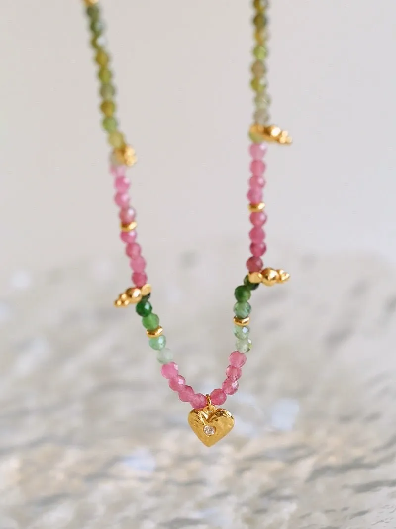 Sterling Silver Heart Natural Tourmaline Rainbow Beaded Necklace