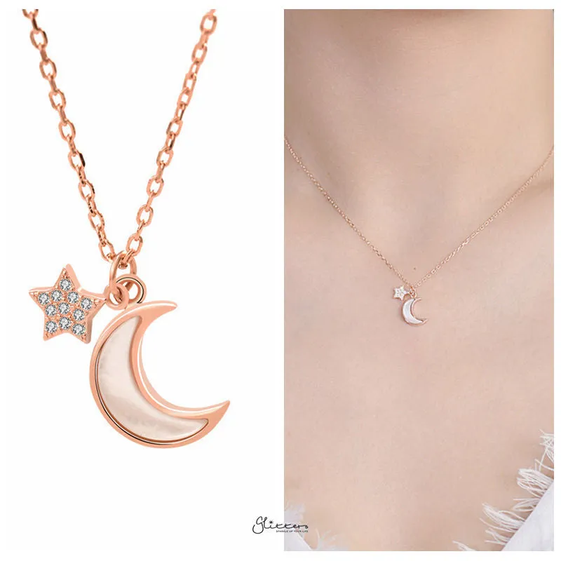 Sterling Silver Moon and Star Necklace - Rose Gold