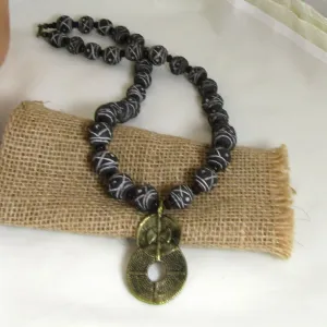 Terracotta Black Beaded Necklace Brass Pendant