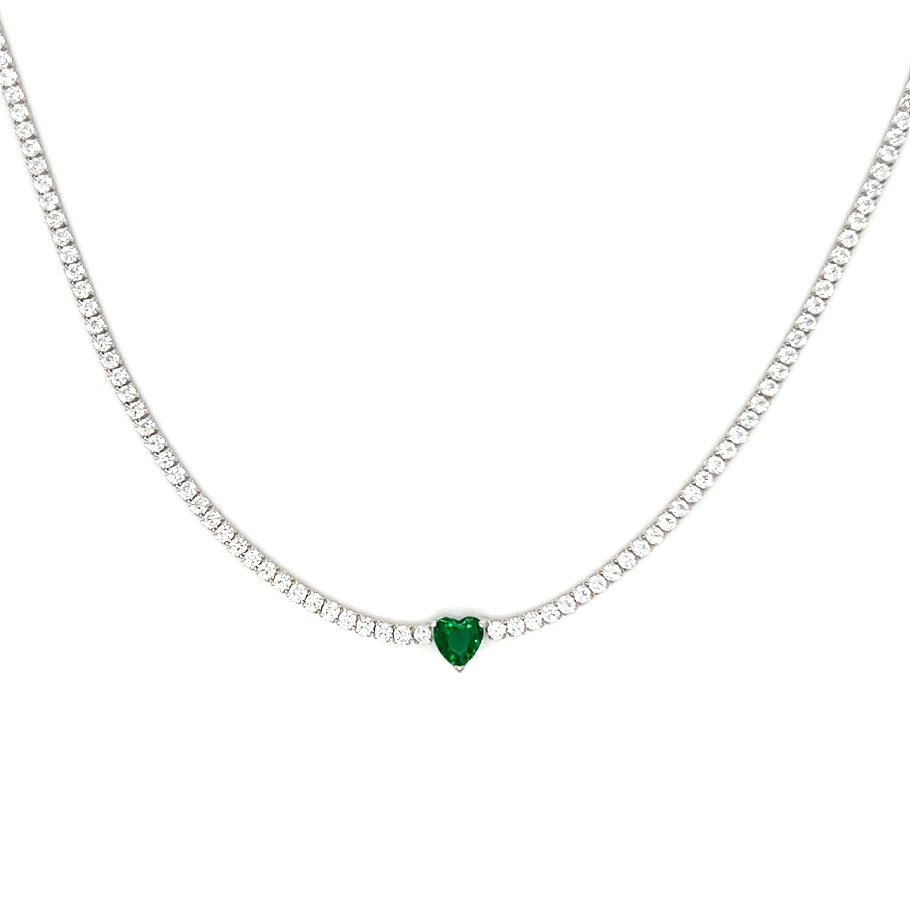 Thin Diamond CZ Heart Center Tennis Necklace