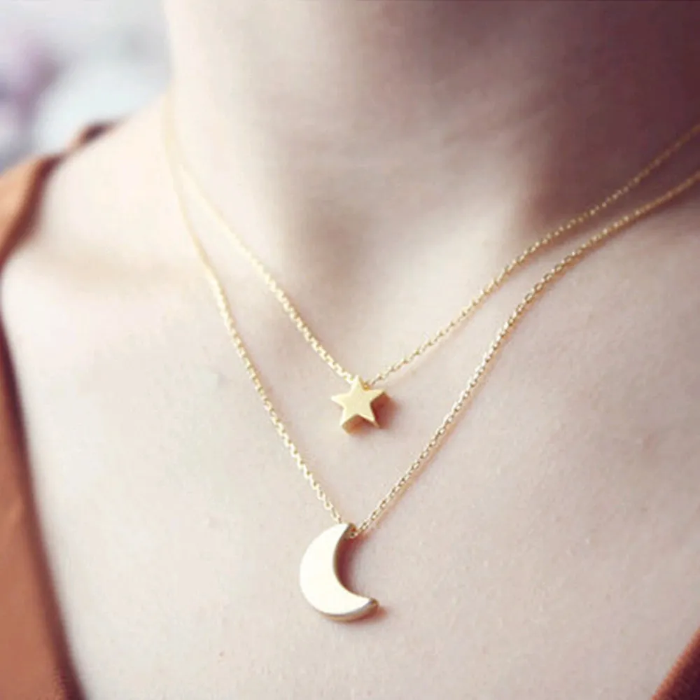 Tomtosh Fashion Necklaces for Women 2016 Two Layered Chain Gold Moon Star Pendent Women Statement Simple Moon Necklace