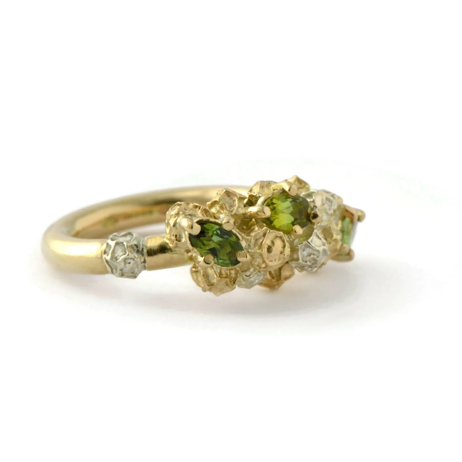 Tourmaline cluster ring - one of a kind solid gold ring design