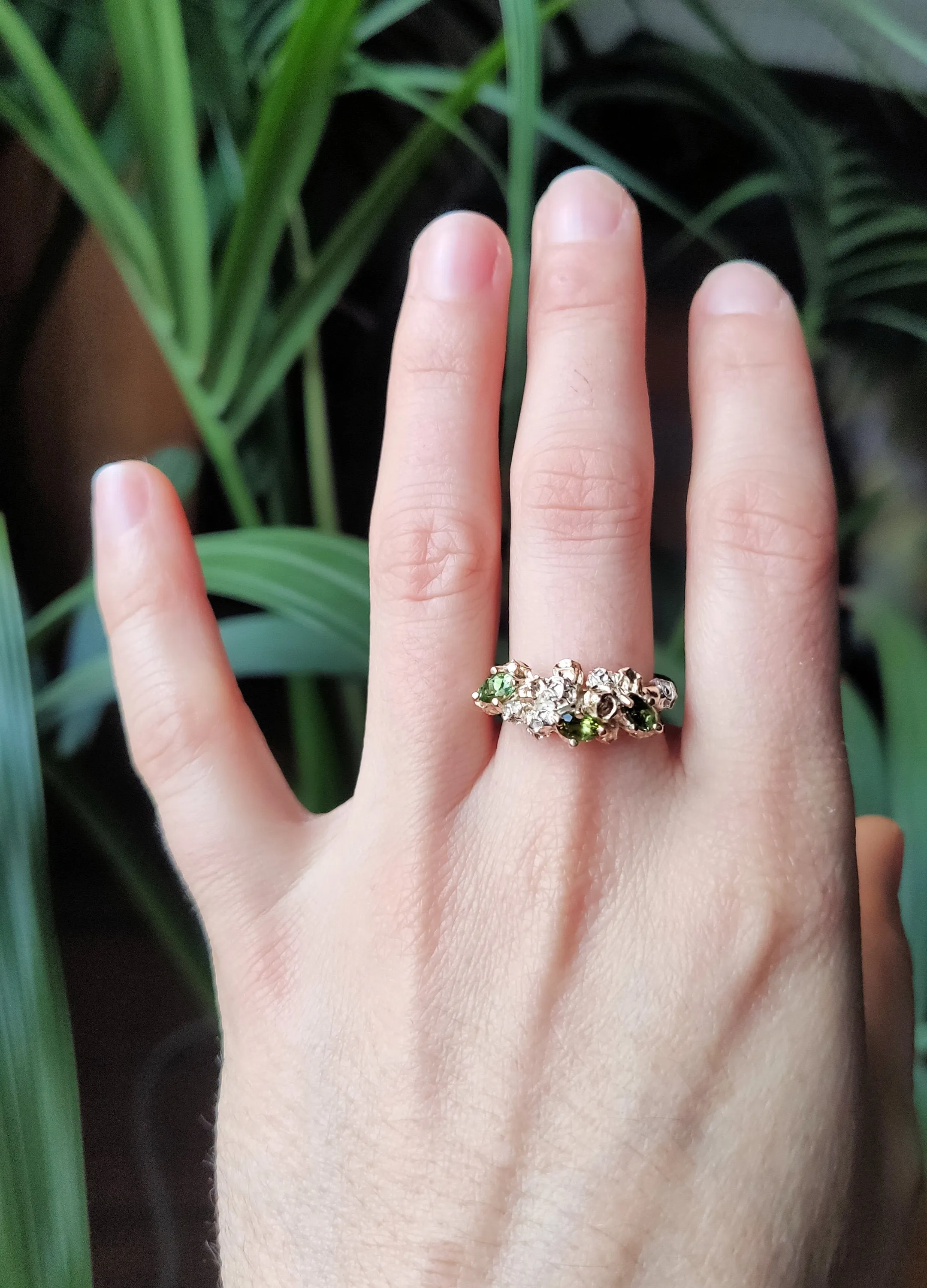 Tourmaline cluster ring - one of a kind solid gold ring design