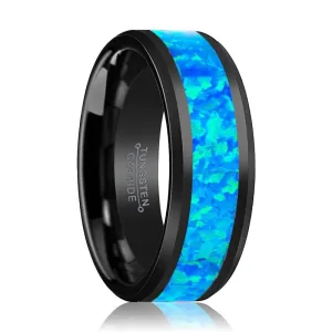 TRANQUIL | Black Tungsten Ring, Blue Opal Inlay, Beveled