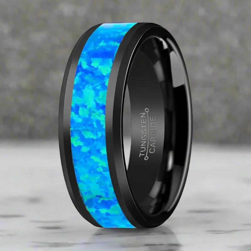 TRANQUIL | Black Tungsten Ring, Blue Opal Inlay, Beveled