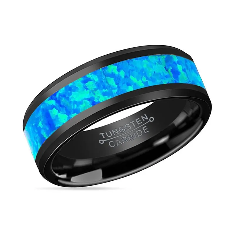 TRANQUIL | Black Tungsten Ring, Blue Opal Inlay, Beveled