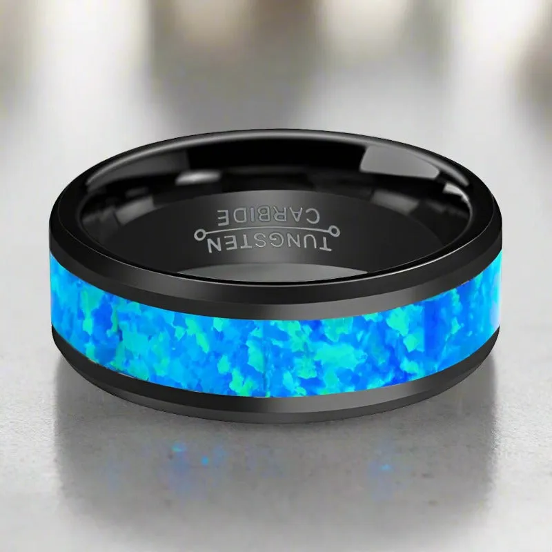 TRANQUIL | Black Tungsten Ring, Blue Opal Inlay, Beveled