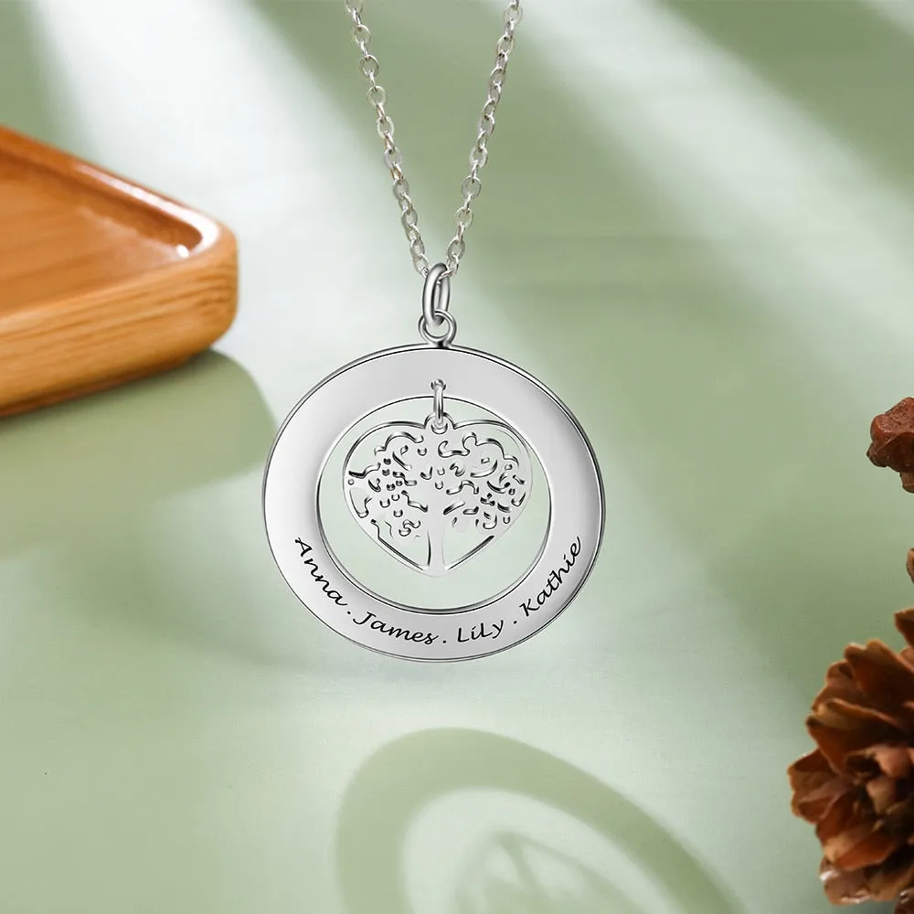 Tree of Life Engrave Name Necklace Silver Color Round Customized Pendants