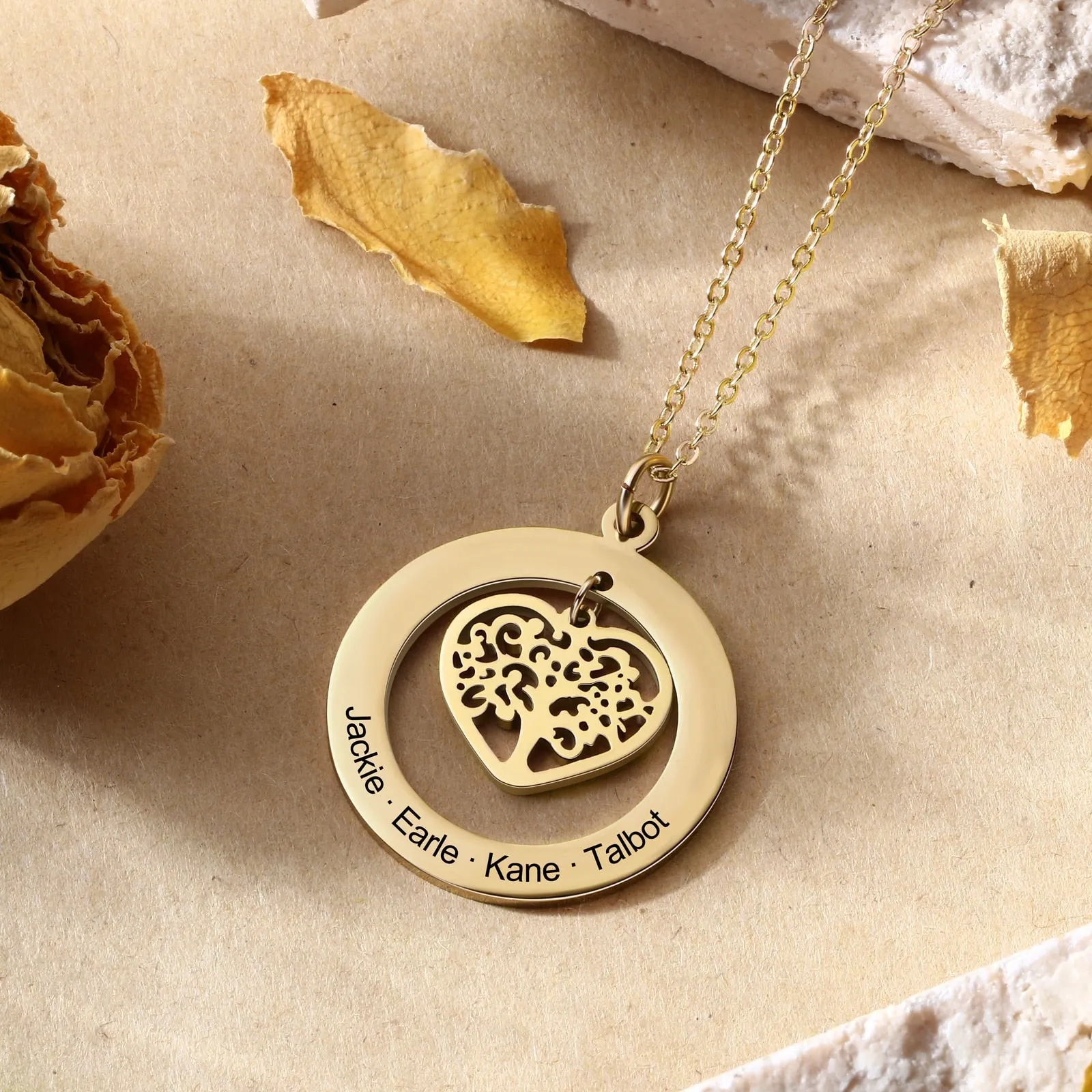 Tree of Life Engrave Name Necklace Silver Color Round Customized Pendants