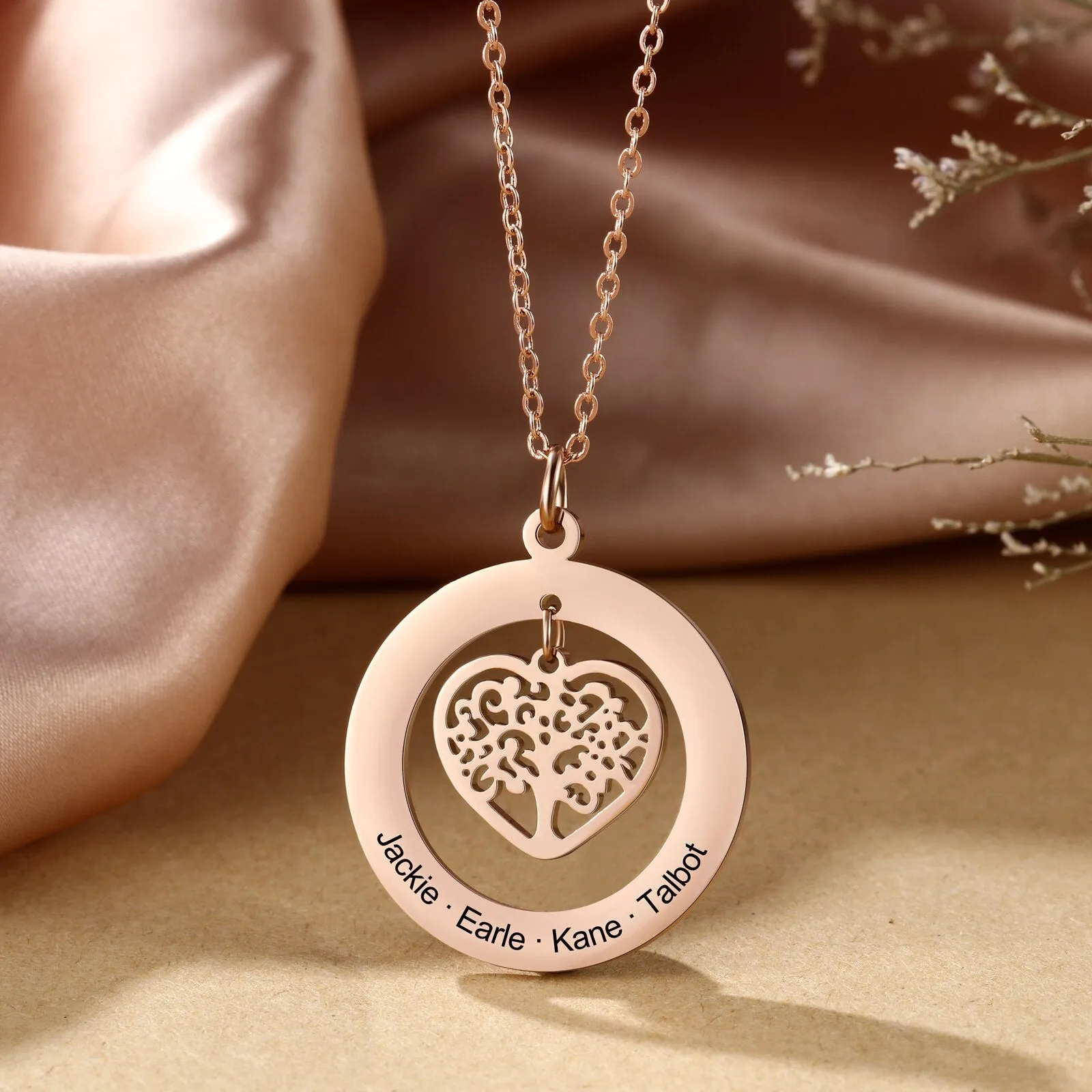 Tree of Life Engrave Name Necklace Silver Color Round Customized Pendants