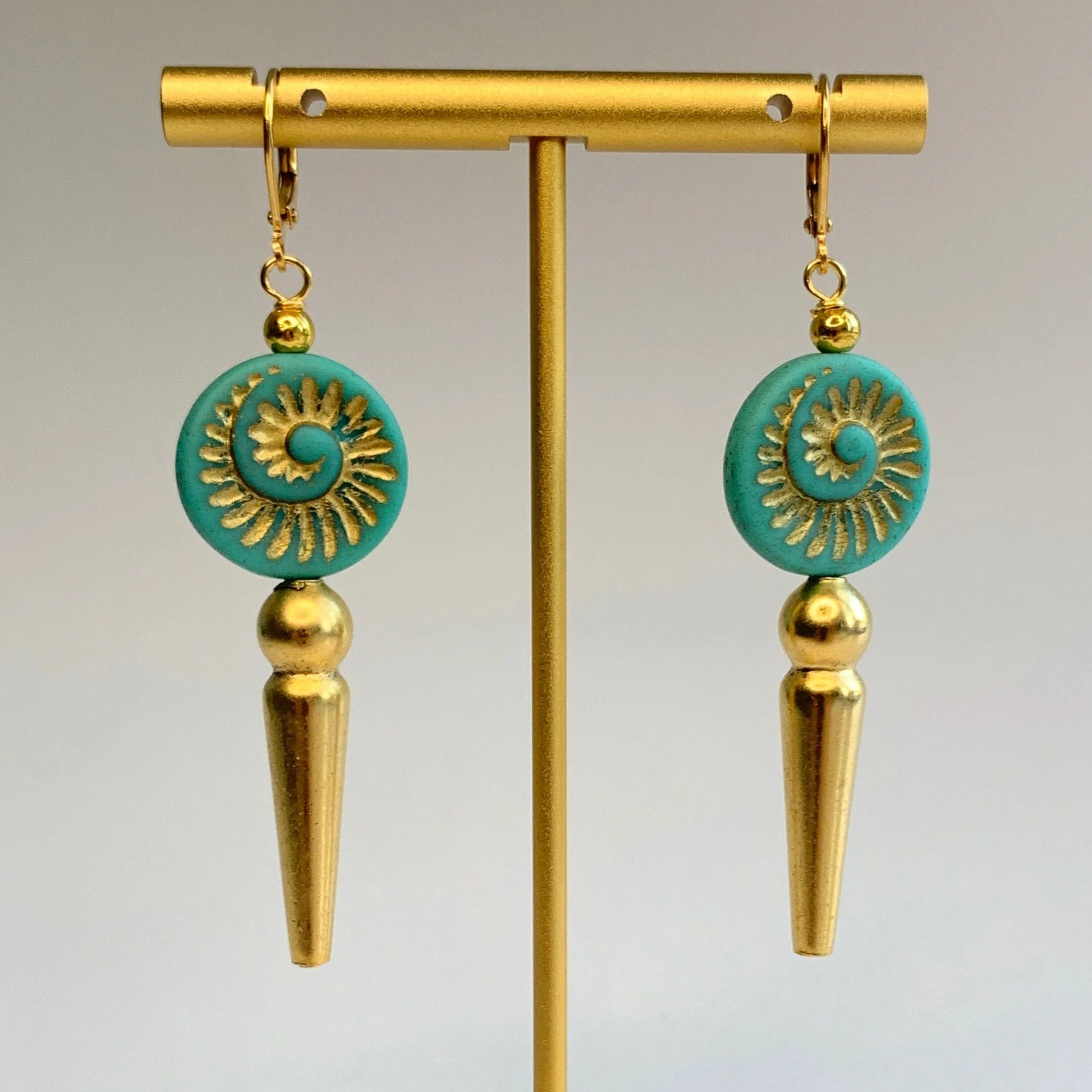 Turquoise and Gold Czech Glass Ammonite Earrings