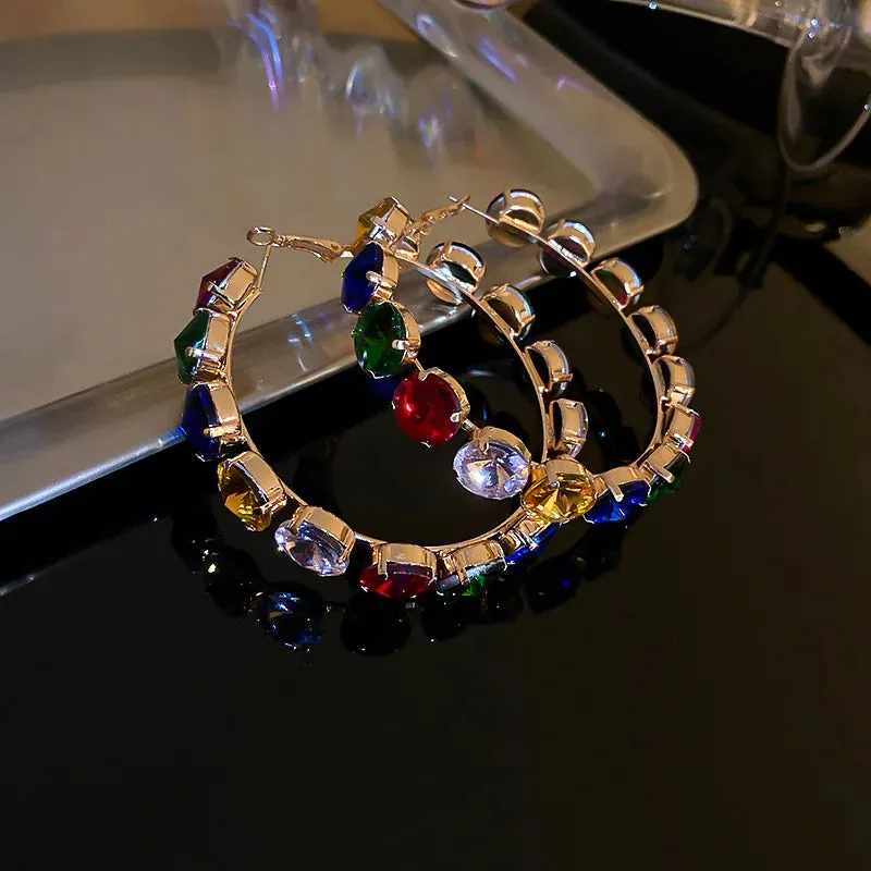 VAIGE Retro Bold Colorful Crystal Geometric Hoop Earrings in Multiple Shades