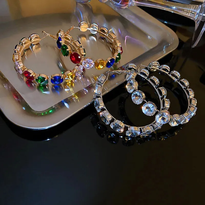 VAIGE Retro Bold Colorful Crystal Geometric Hoop Earrings in Multiple Shades