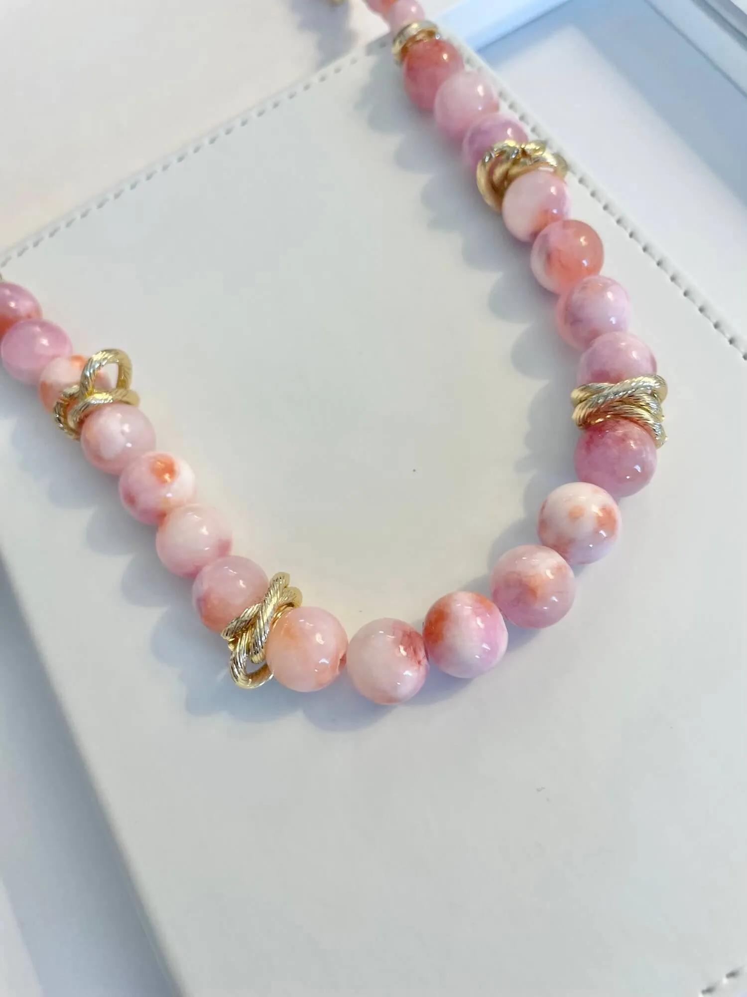 Vintage 1970's soft pink glass beaded necklace, with a dusting of gold.... so timeless