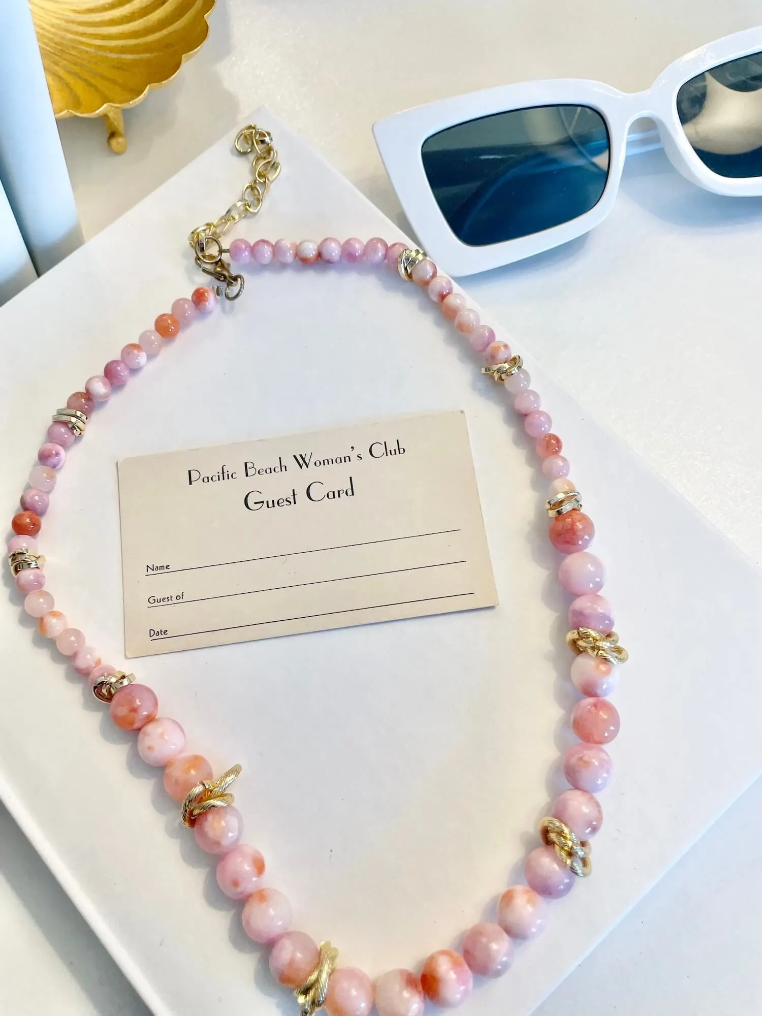 Vintage 1970's soft pink glass beaded necklace, with a dusting of gold.... so timeless