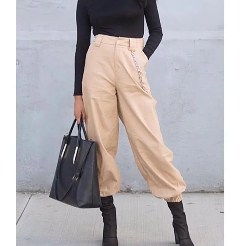 Winter harajuku high waist cargo pants women elastic harem pants zipper punk hip hop trousers cotton sweatpants streetwear (US 6-14)