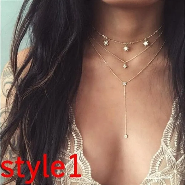 Women Vintage Charm Multilayer Jewelry Crystal Moon Choker Necklaces