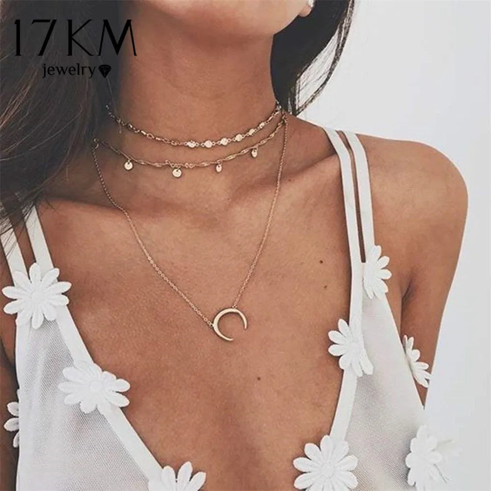 Women Vintage Charm Multilayer Jewelry Crystal Moon Choker Necklaces