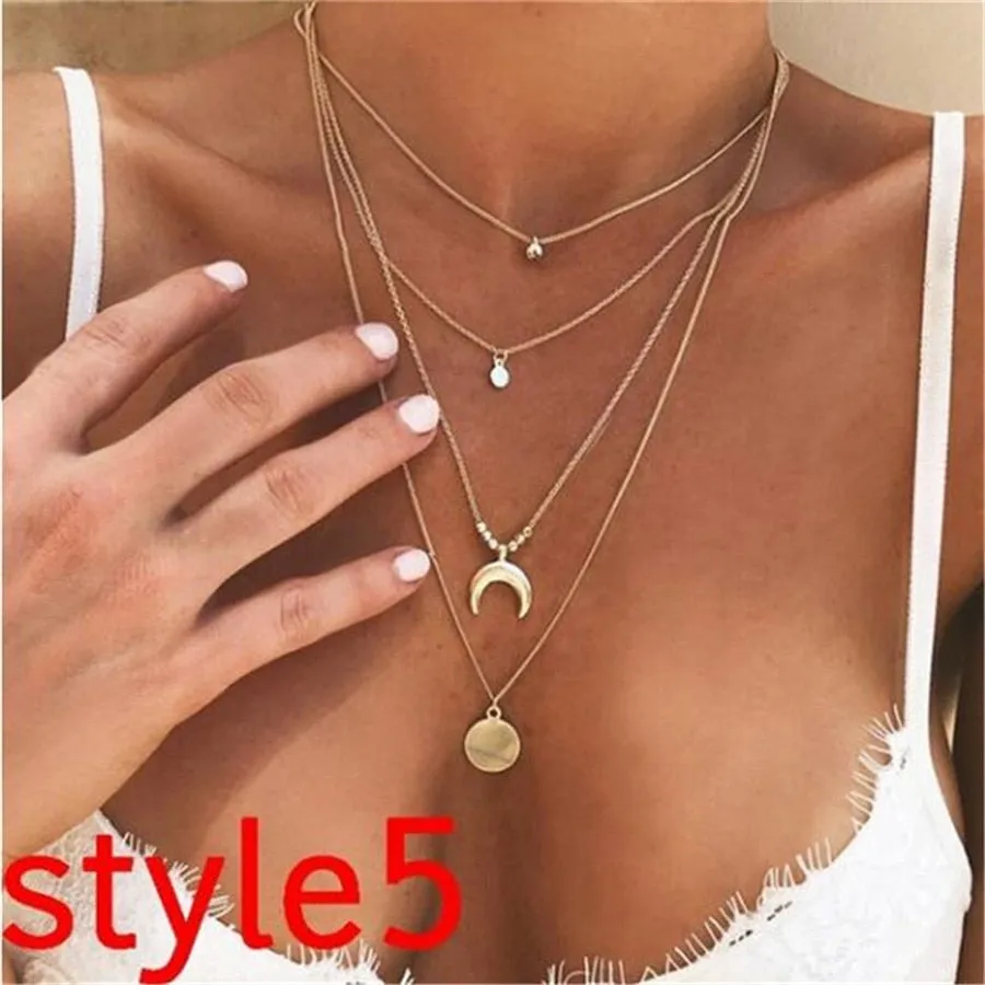 Women Vintage Charm Multilayer Jewelry Crystal Moon Choker Necklaces