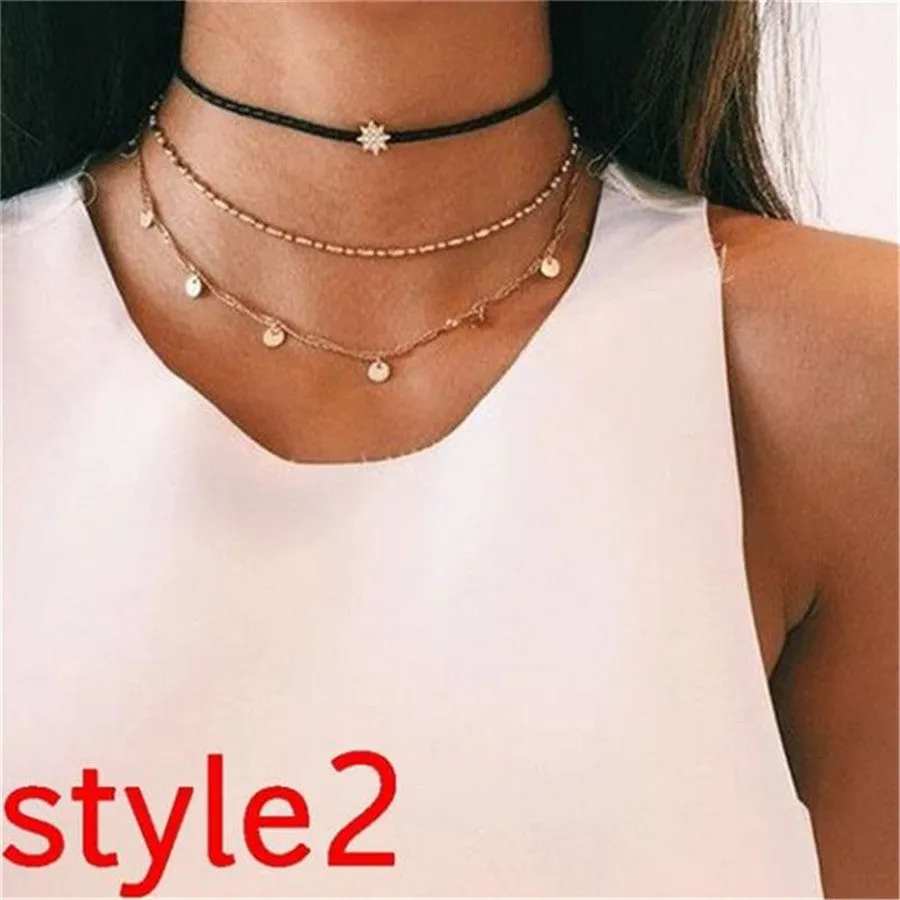 Women Vintage Charm Multilayer Jewelry Crystal Moon Choker Necklaces