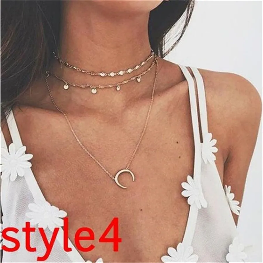 Women Vintage Charm Multilayer Jewelry Crystal Moon Choker Necklaces