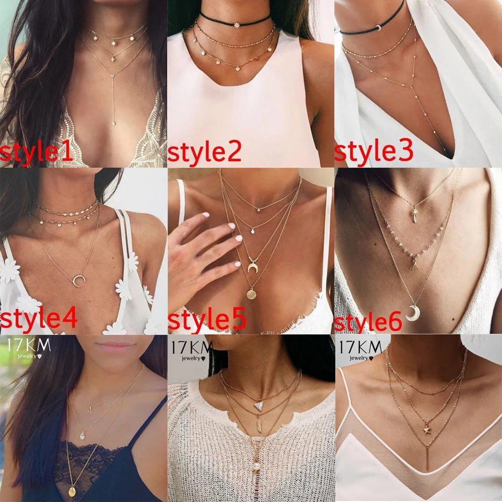 Women Vintage Charm Multilayer Jewelry Crystal Moon Choker Necklaces