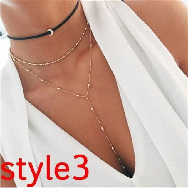 Women Vintage Charm Multilayer Jewelry Crystal Moon Choker Necklaces