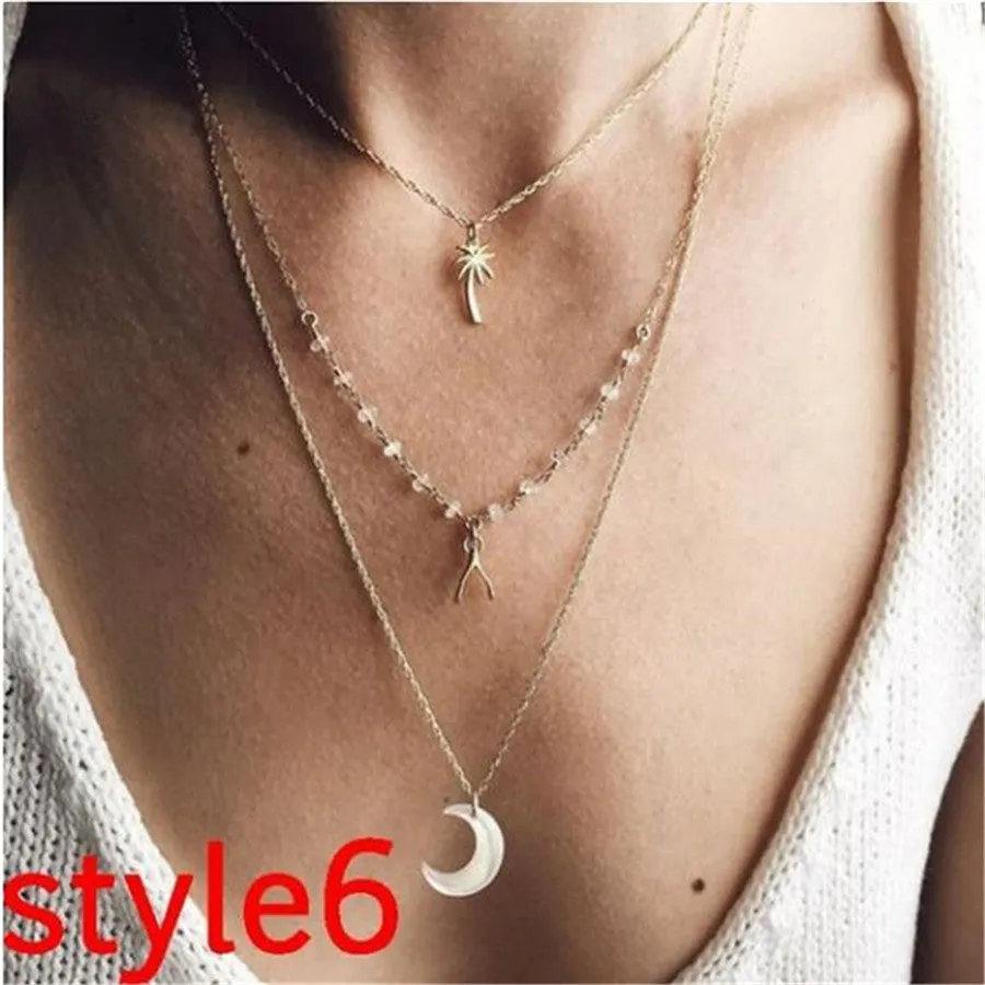 Women Vintage Charm Multilayer Jewelry Crystal Moon Choker Necklaces