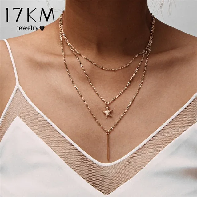 Women Vintage Charm Multilayer Jewelry Crystal Moon Choker Necklaces