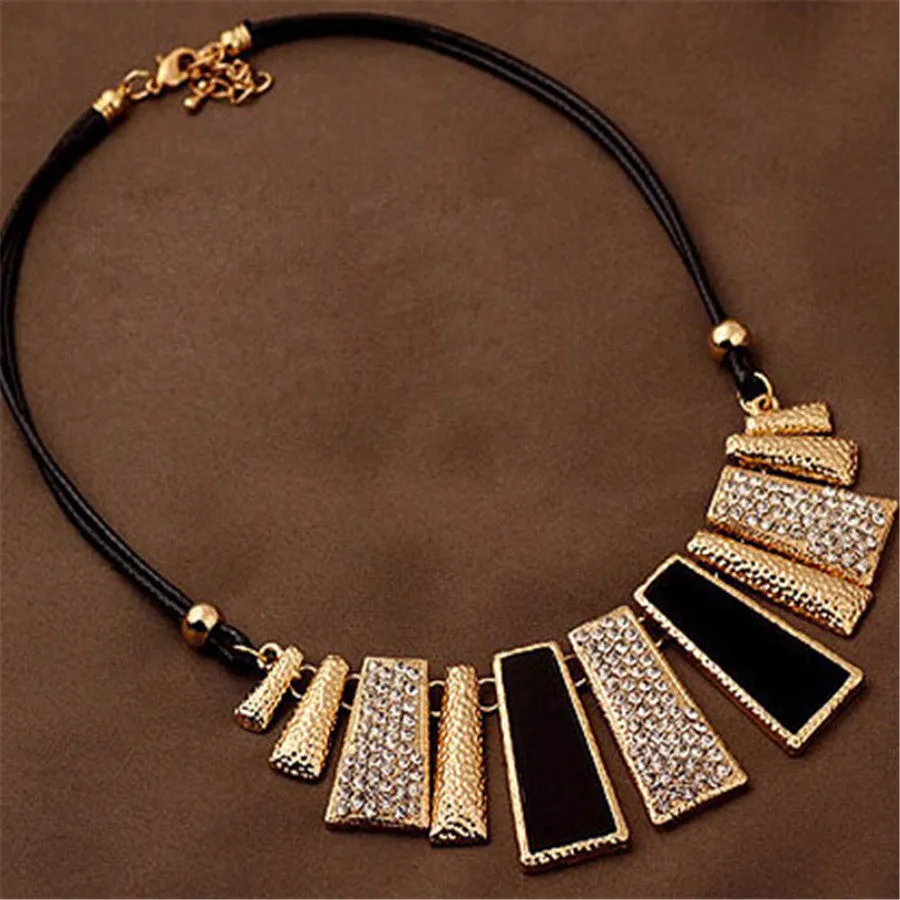 Women's Enamel Bib Pendant Statement Necklace - Leather Braided Rope Chain Necklace