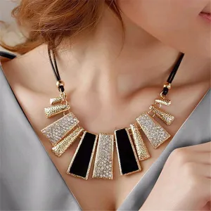 Women's Enamel Bib Pendant Statement Necklace - Leather Braided Rope Chain Necklace