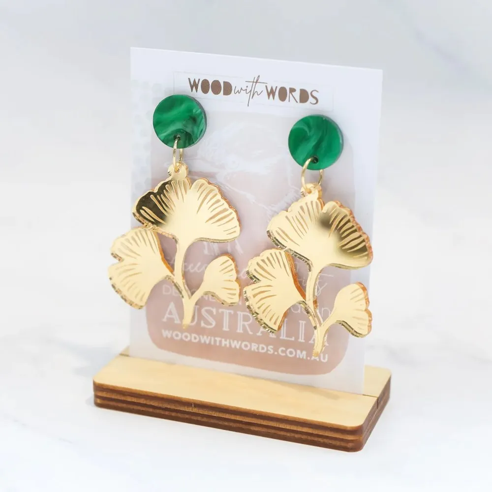 Wood With Words: Dangle Earrings Gold Ginkgo Leaves