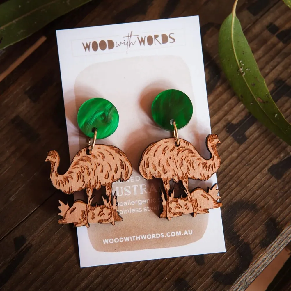 Wood With Words: Wooden Dangle Earrings Emu