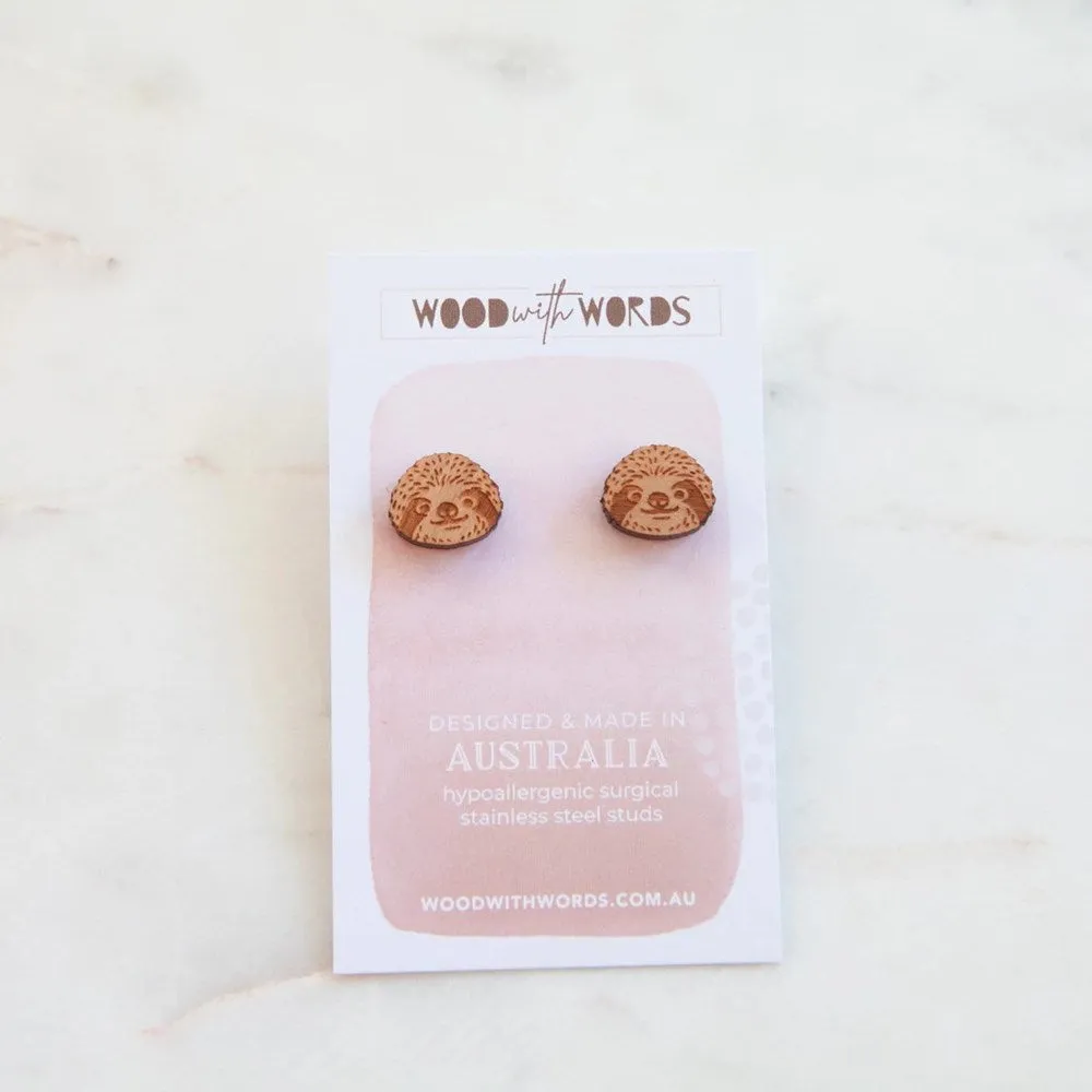 Wood With Words: Wooden Stud Earrings Sloth