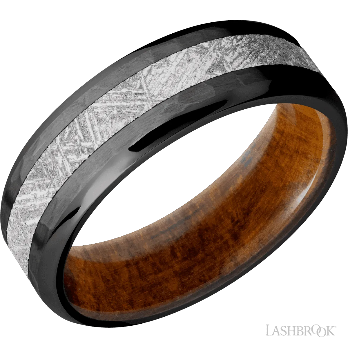 Zirconium with Hammer , Polish Finish and Meteorite Inlay and Desert Iron Wood - 7MM